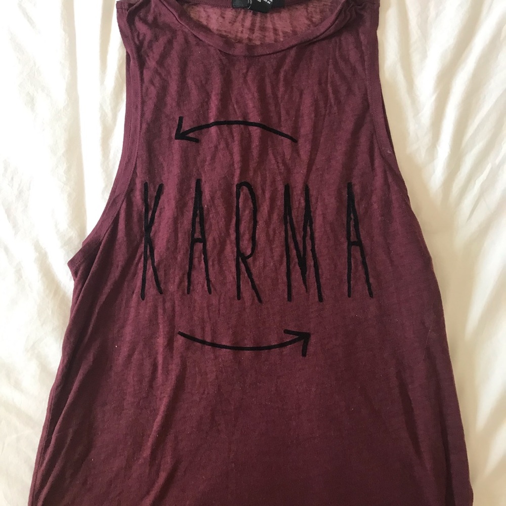 Karma muscle tee- burgundy with velvet karma